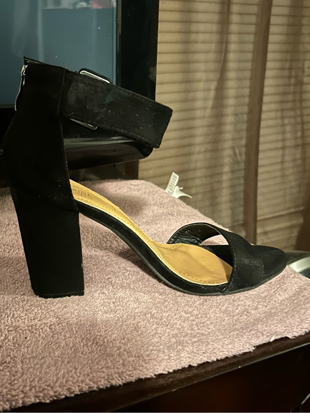 Black Suede Block Heel Ankle Strap Sandal - Women